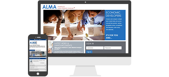 In this graphically-designed image, the America’s Labor Market Analyzer website is pictured on a desktop computer monitor, and a smart phone.