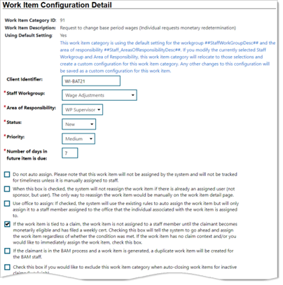 Work Item Configuration Details 