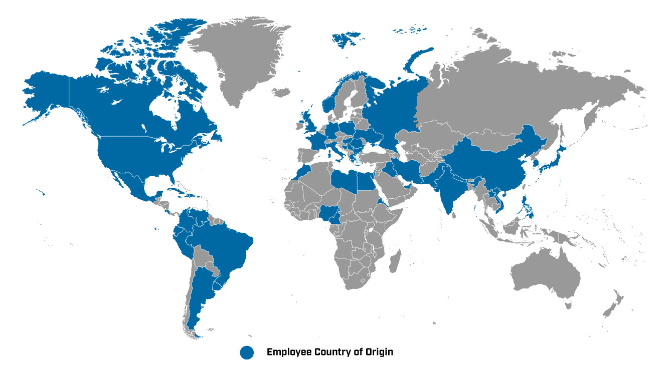 In this image is a map with countries highlighted blue if Geographic Solutions has a employee with that country as their origion showcasing the diverse droup of employee's at Geographic Solutions