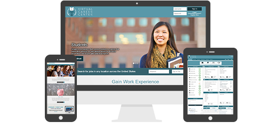 In this graphically-designed image, Virtual Career Center’s home page is featured on the front of a desktop monitor, tablet computer, and smart phone.