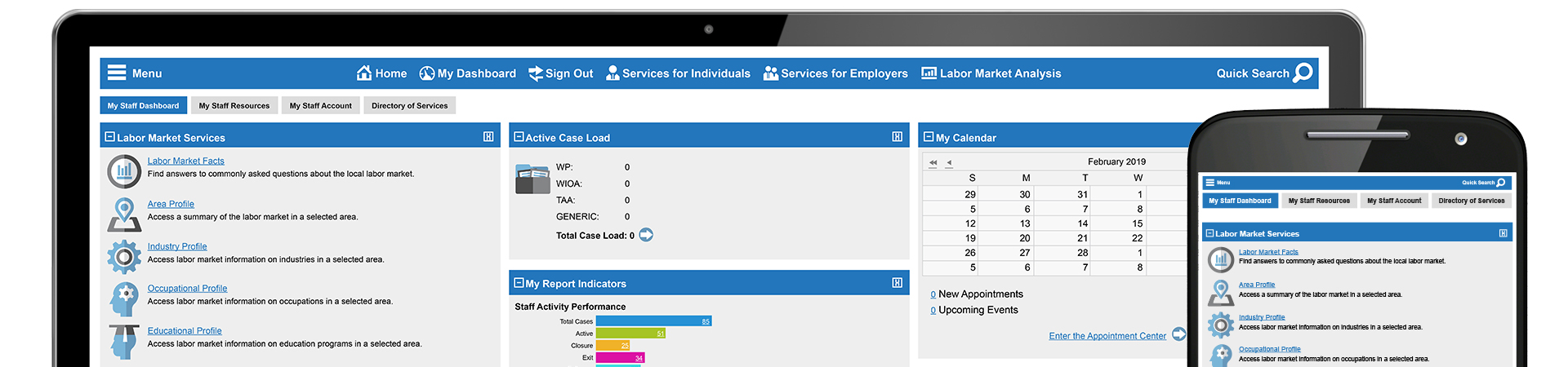 In this picture, Virtual OneStop’s dashboard is displayed on a laptop computer and a smart phone.