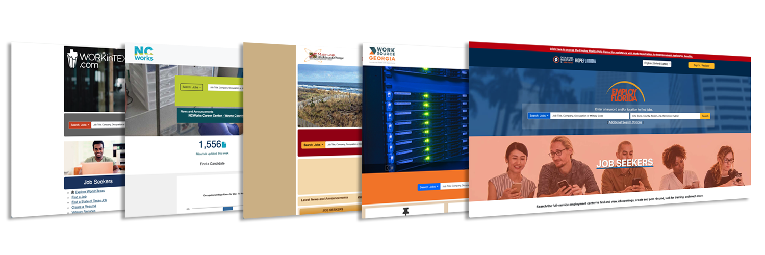 In this picture, a graphically-designed image shows five different websites created by Geographic Solutions. From left to right, these sites are for the states of Nevada, Tennessee, Florida, California, and Rhode Island.